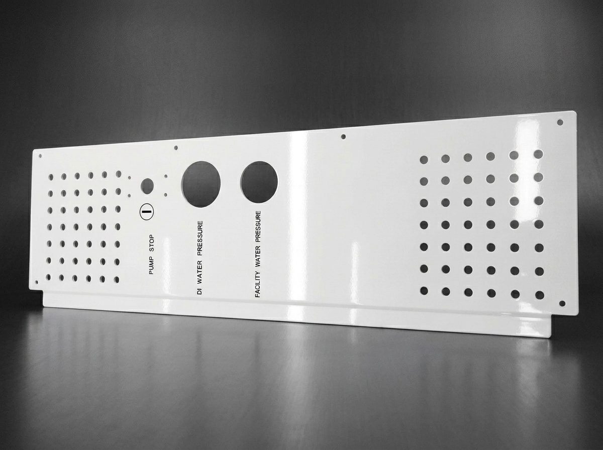 Precision sheet-metal control panel with punched vent holes and silkscreen legends, fabricated by ACE Malaysia in Penang